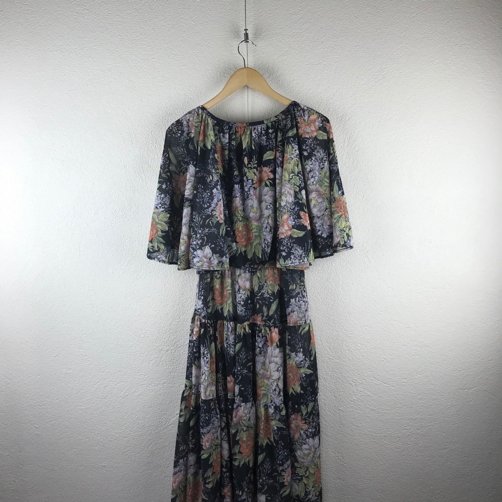 Vintage l 70s M Bohemian Cottagecore Floral Semi-Sheer Cape Flutter Sleeve Dress - Picture 6 of 14